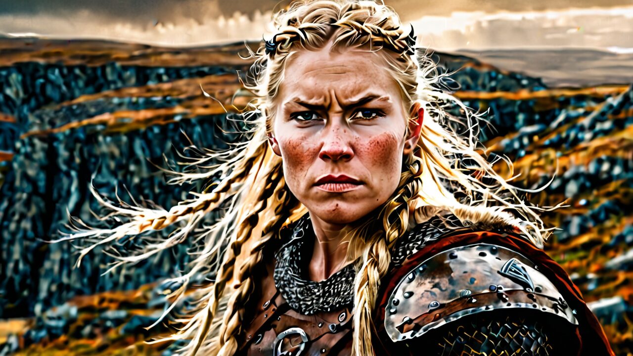 A fierce woman with braided blonde hair and freckles, wearing medieval armor, stands in a rugged landscape.
