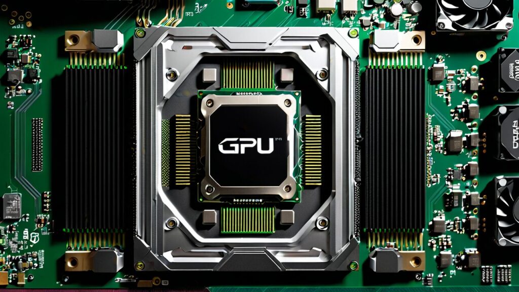 Close-up view of a modern gpu mounted on a green circuit board featuring detailed components and labeled connectors.