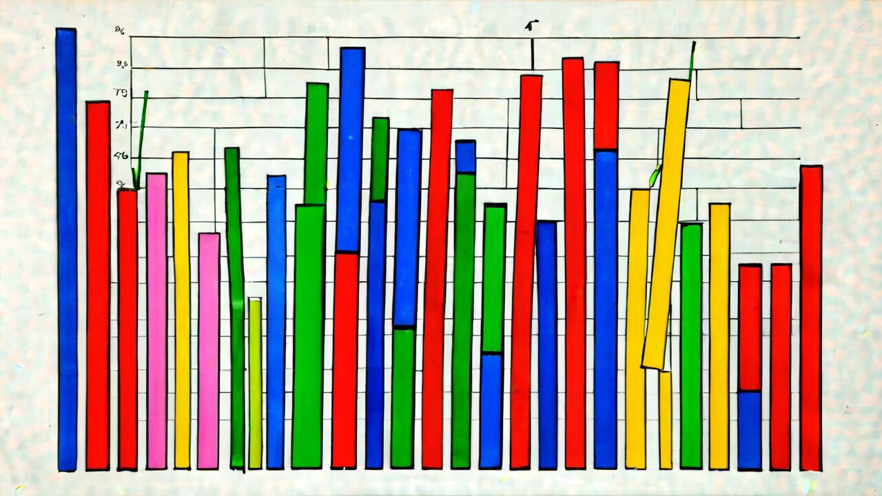 Colorful bar graph with various heights plotted over a grid background, ranging from values 65 to 85.