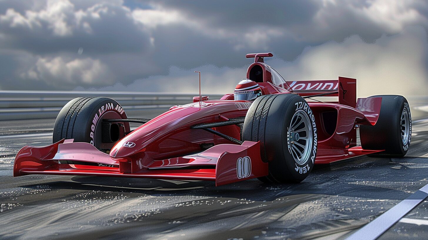 A red Formula 1 race car speeds down a wet racetrack under a cloudy sky, embodying the thrill of what is F1 racing.