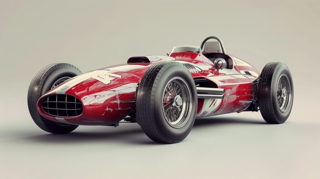 A vintage red race car with the number 14 on its hood and side, featuring an open cockpit and exposed wheels, reminiscent of the classic designs seen in early F1 racing history, displayed against a plain background.