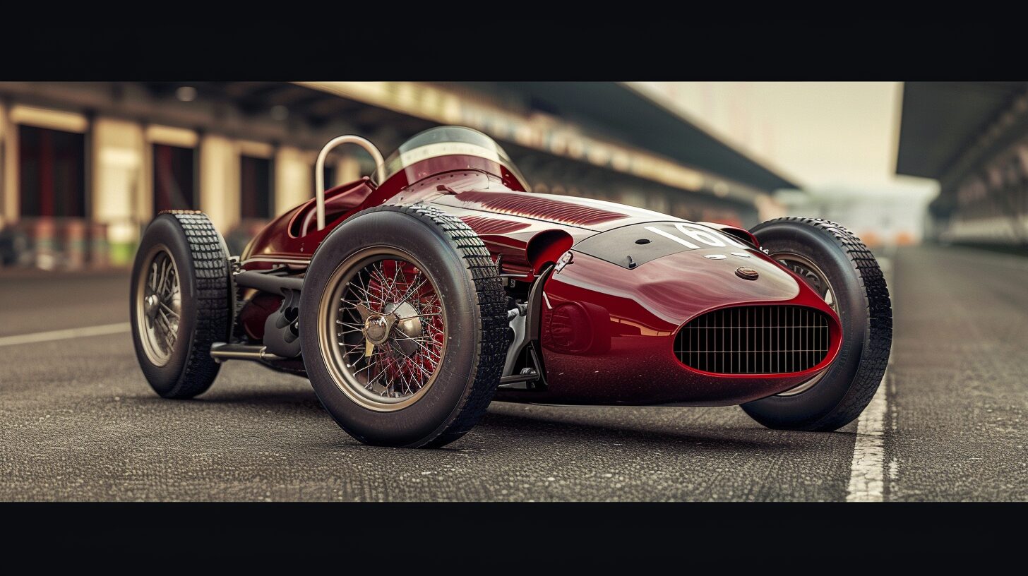 A vintage red race car with black tires and wire-spoke wheels is parked on an empty racing track, evoking the glory days of what is F1.