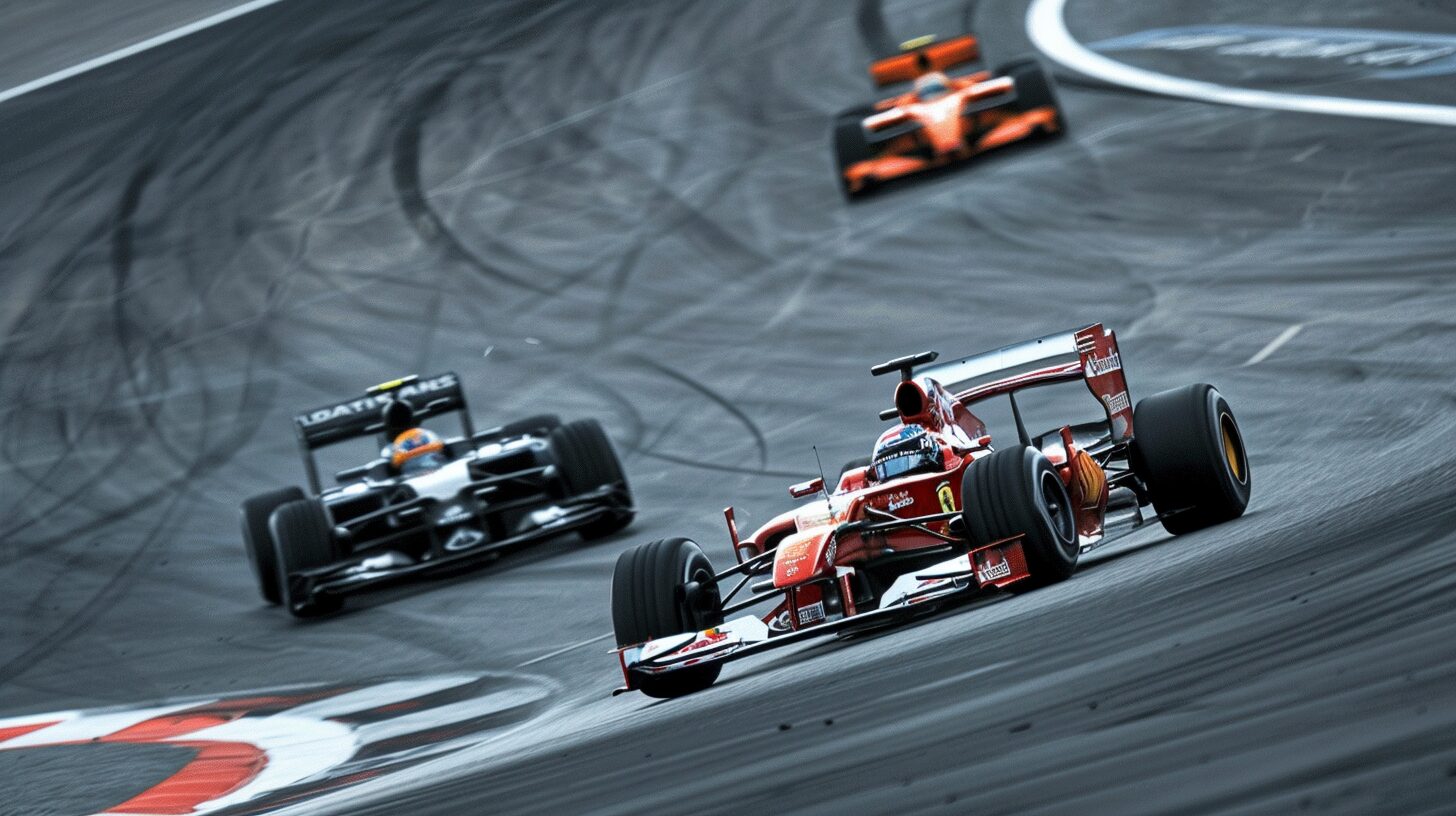 Three Formula 1 cars race on a track. The red car leads, followed by a black car and an orange car. Tire marks are visible on the asphalt, showcasing the intense speed and precision of F1 racing for those wondering, "What is F1?