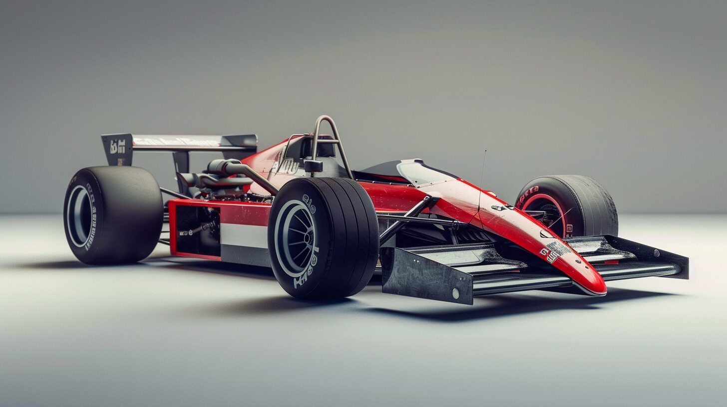 A high-performance, single-seater race car in a black, red, and white color scheme showcases aerodynamic features such as a front wing, rear wing, and slick tires in a studio setting. If you're wondering "What is F1?"—this stunning machine embodies the spirit of Formula 1 racing.