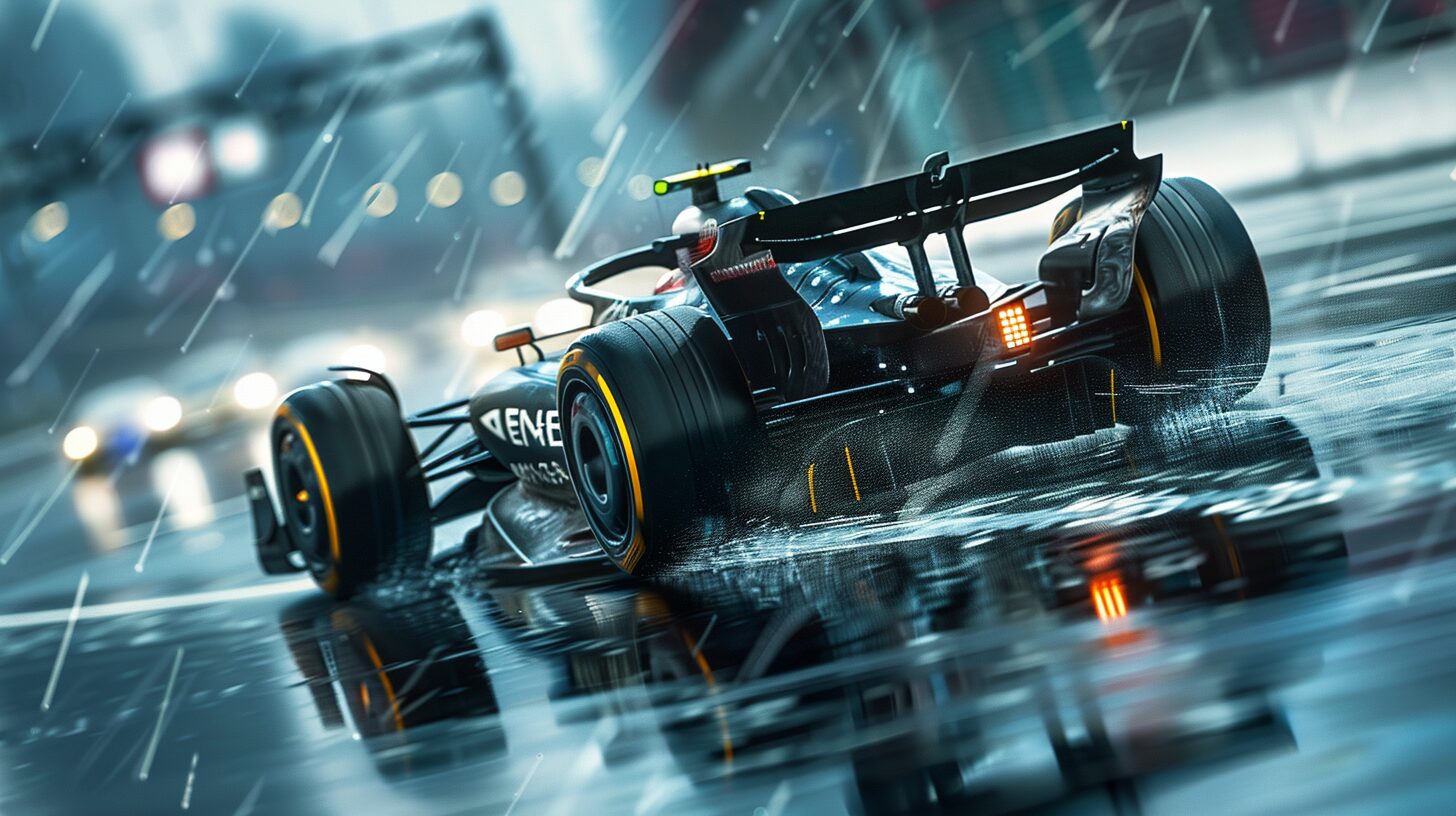 A Formula 1 car speeds on a wet track during a rainy race, with rain droplets visible and reflections on the ground, making spectators wonder, "What is F1?