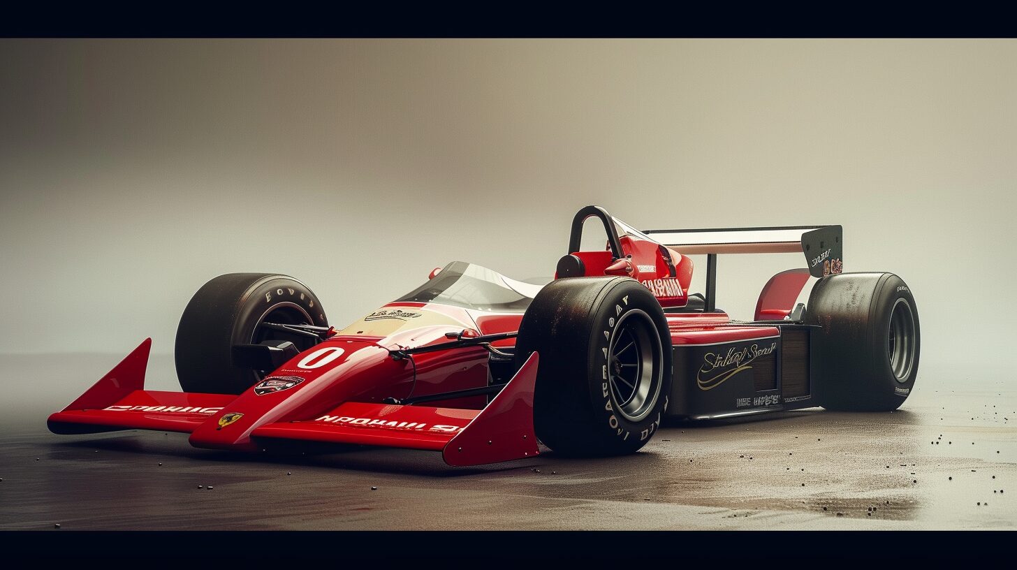 A red and white Formula 1 race car with a prominent rear wing is parked on a wet surface. The car, which prompts the question "What is F1?", features various sponsor logos and the number 0 on its nose. The background is misty and nondescript.