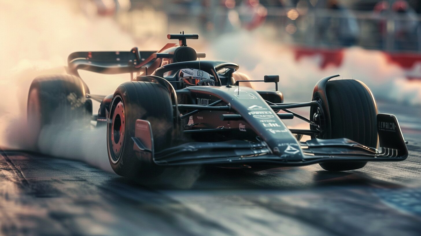 A Formula 1 car on a race track with smoke surrounding its rear tires, indicating high speed or aggressive braking—ever wondered, what is F1?