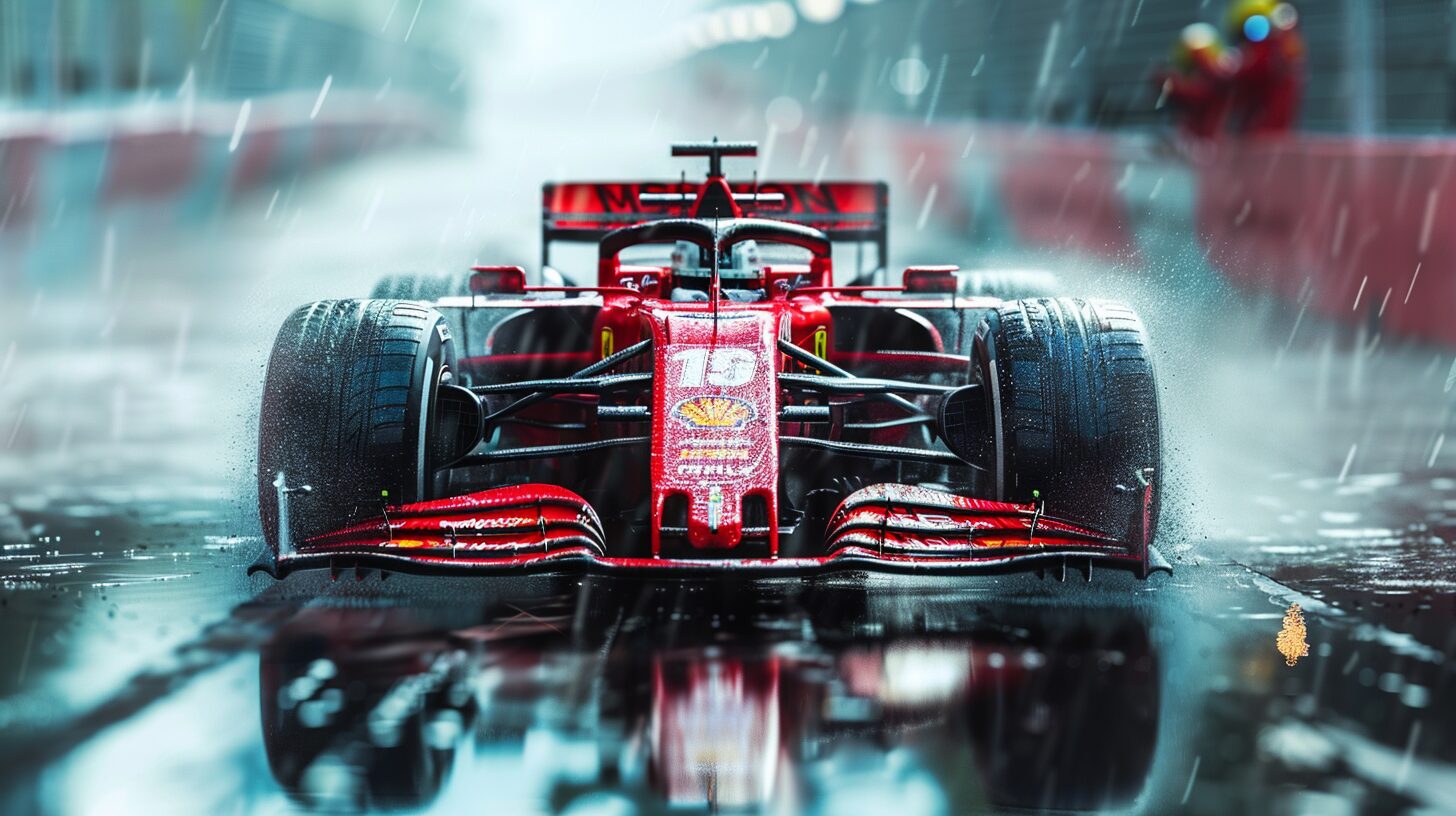 A red Formula 1 car drives down a wet, rainy track with water spray visible, reflecting the wet conditions. The background shows blurred racing barriers and a figure in the distance. For those wondering "what is F1," this scene perfectly captures the thrilling essence of the sport.