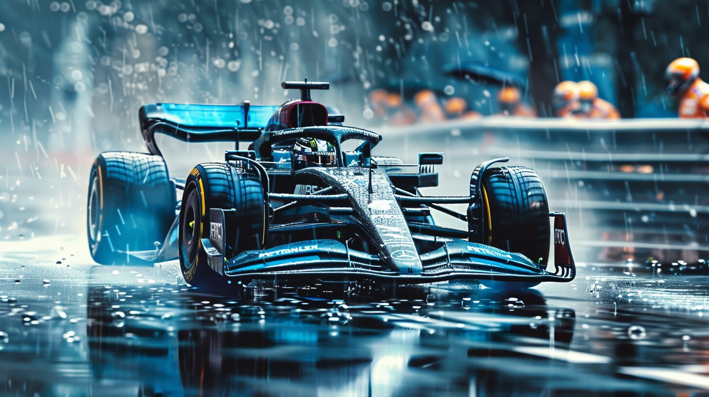 A Formula 1 car drives on a wet track during a rain-soaked race, with pit crew members visible in the background. What is F1 if not the ultimate test of speed and skill under challenging conditions?