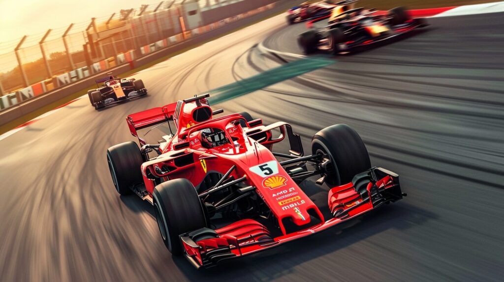 Red Formula 1 car with the number 5 leads on a racetrack, closely followed by other race cars. Curious about what is F1? It's the pinnacle of motorsport, featuring high-speed competition and cutting-edge automotive technology.