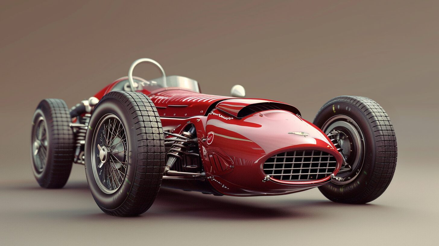 A vintage red race car with an open cockpit, large tires, and a polished metal grille, viewed from a slightly low angle, evokes the early days of what is F1 racing history.