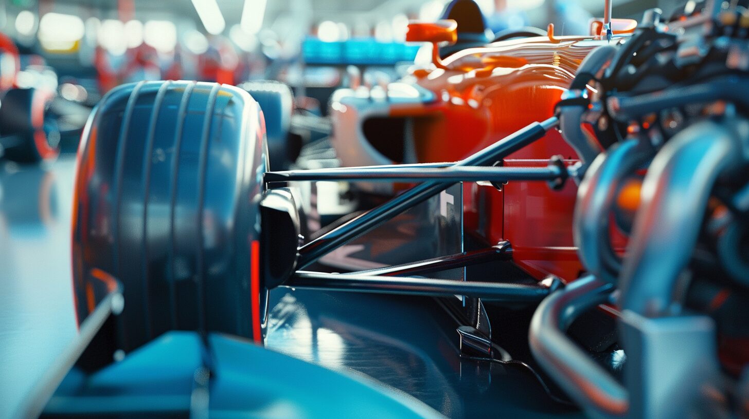 Close-up of a Formula 1 car's rear suspension and tire, with a blurred background of a garage. The image showcases the detailed engineering of the vehicle's components, inviting viewers to ask, "What is F1?