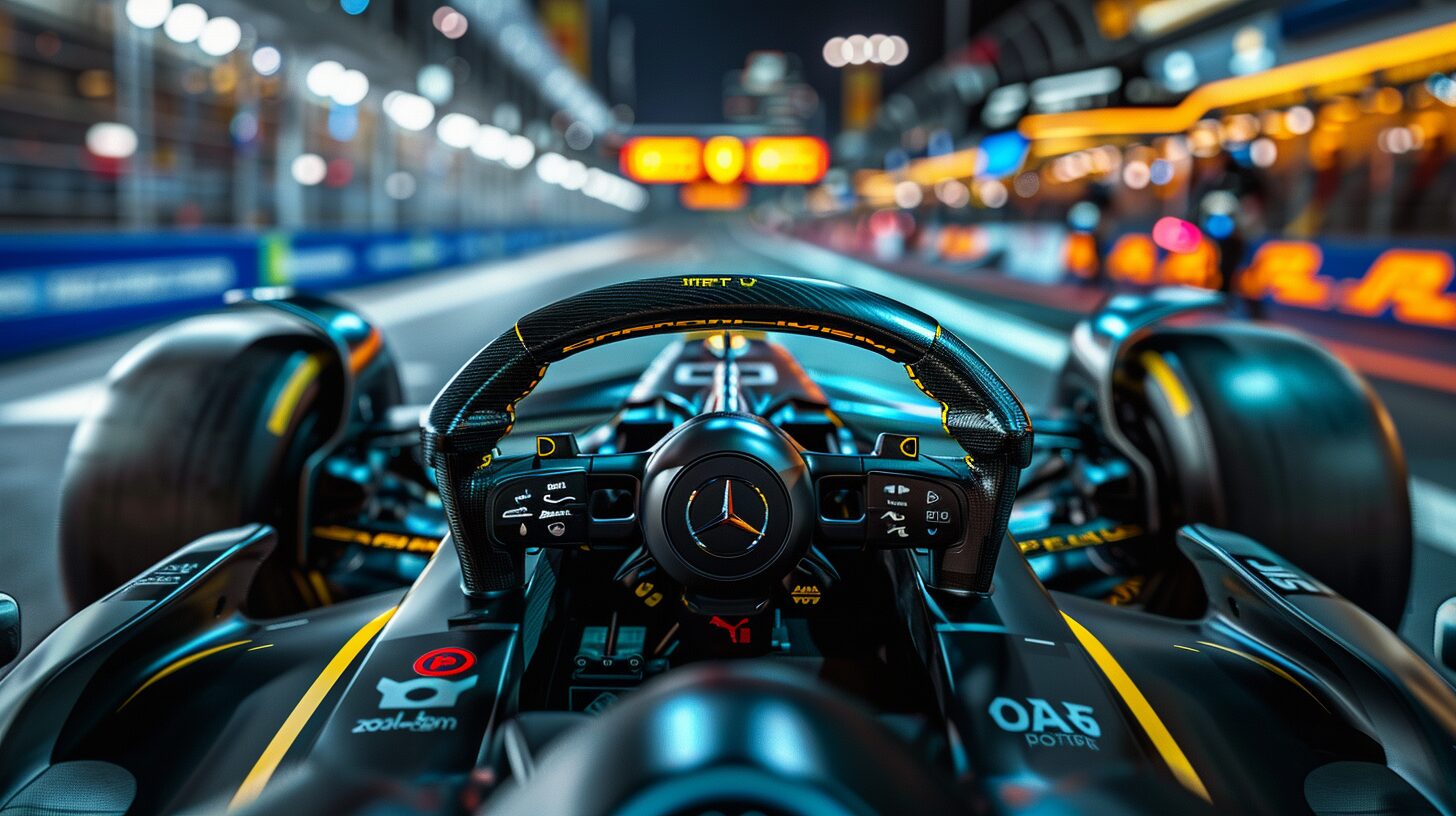 Close-up view of a Formula 1 car cockpit in the pit lane, focusing on the steering wheel and dashboard with illuminated control buttons and digital displays—a true glimpse into what is F1. Lights and buildings are in the background.