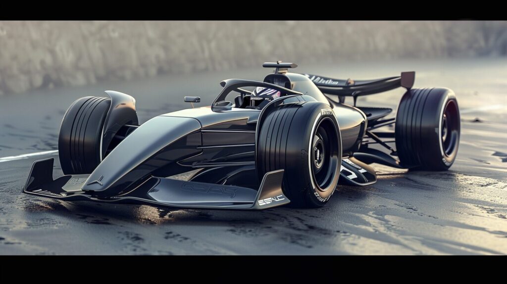 A sleek, modern Formula 1 race car with a glossy black finish is parked on a wet road. The car, emblematic of what is F1 racing at its finest, features prominent aerodynamic fins and large tires designed for high-speed performance.