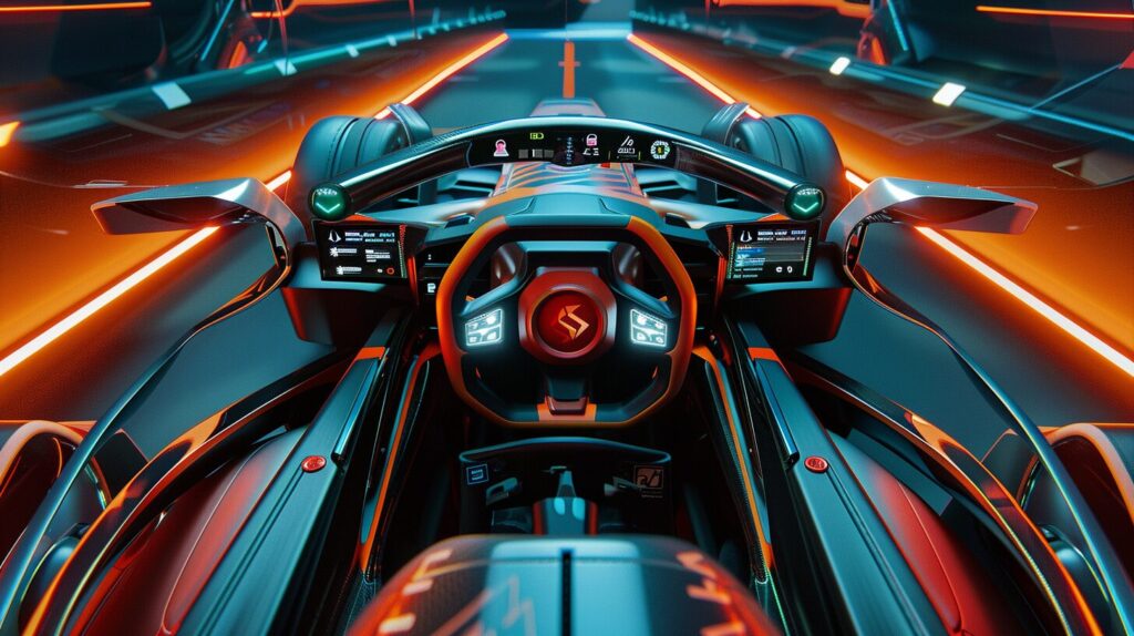 Futuristic car cockpit with sleek design, illuminated controls, and digital display screens, showcasing a high-tech driving environment reminiscent of what is F1 technology.