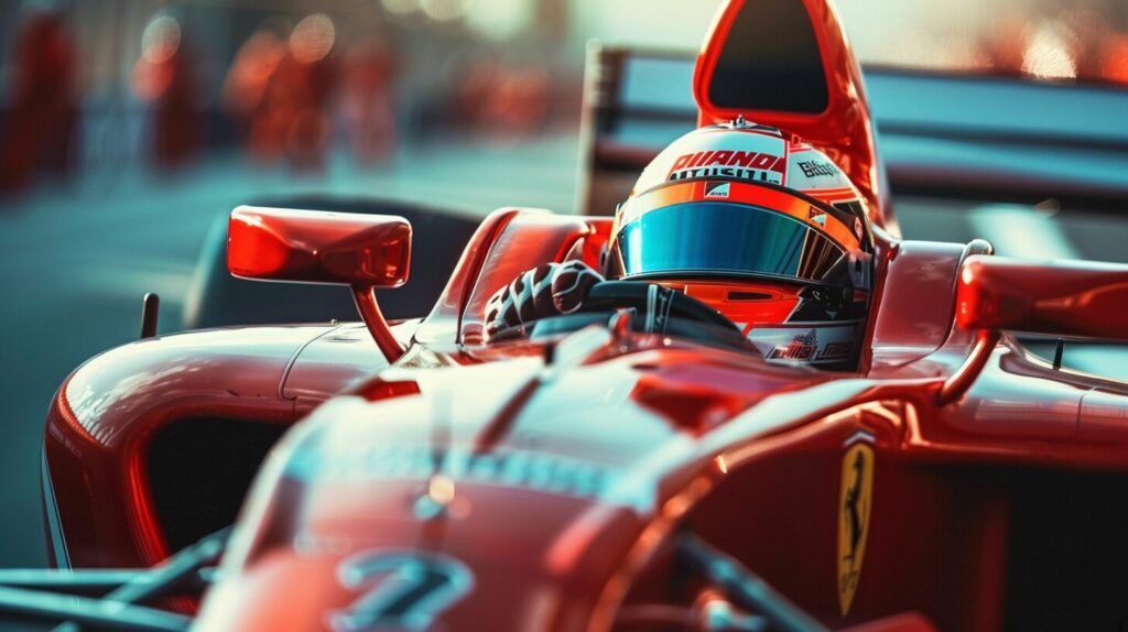 A Formula 1 driver wearing a helmet is seated in a red race car, ready to race. What is F1 if not the pinnacle of speed and precision?