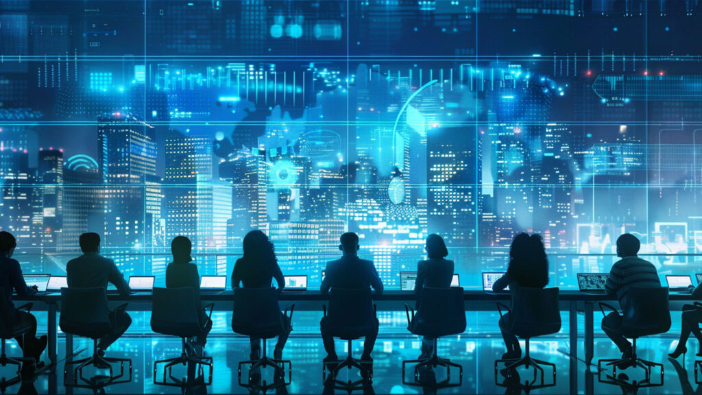 A group of people sit at a long desk working on laptops, facing a large digital screen displaying futuristic data and a cityscape.