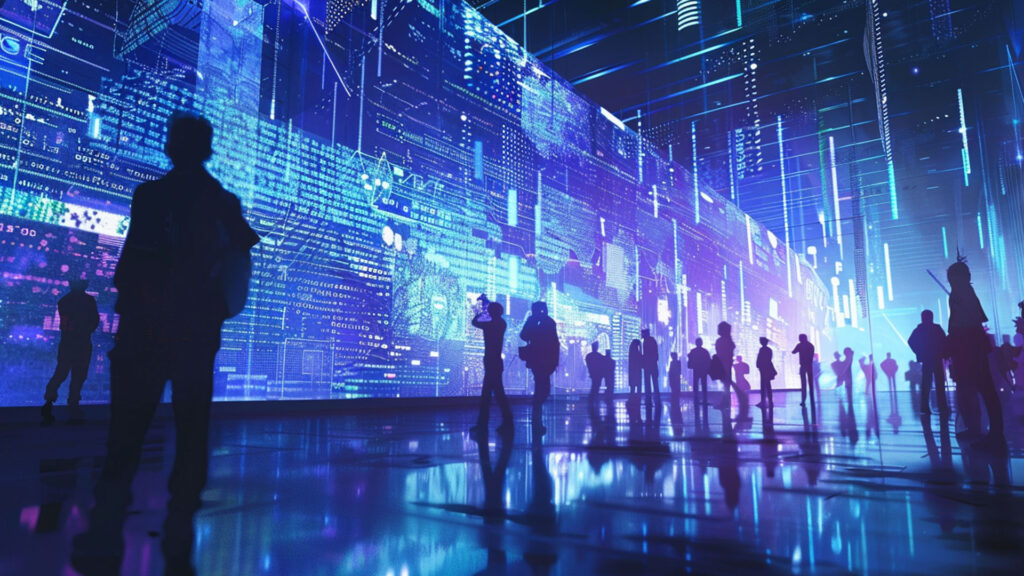 People walking in a futuristic, neon-lit space with digital screens displaying various data and graphs. Silhouetted figures create a sense of motion and activity.