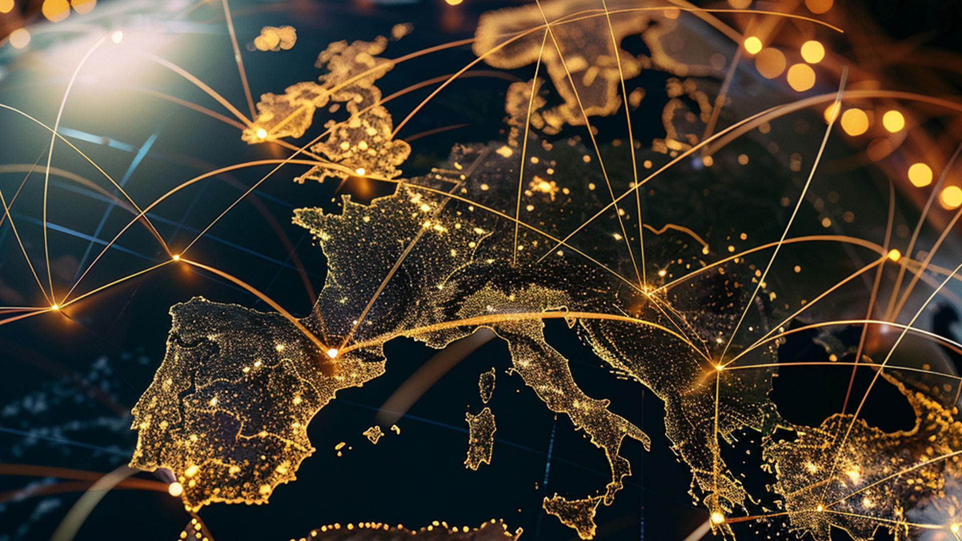 A digital representation of Europe and parts of surrounding continents at night, connected by glowing lines illustrating network connections and data flow across regions.