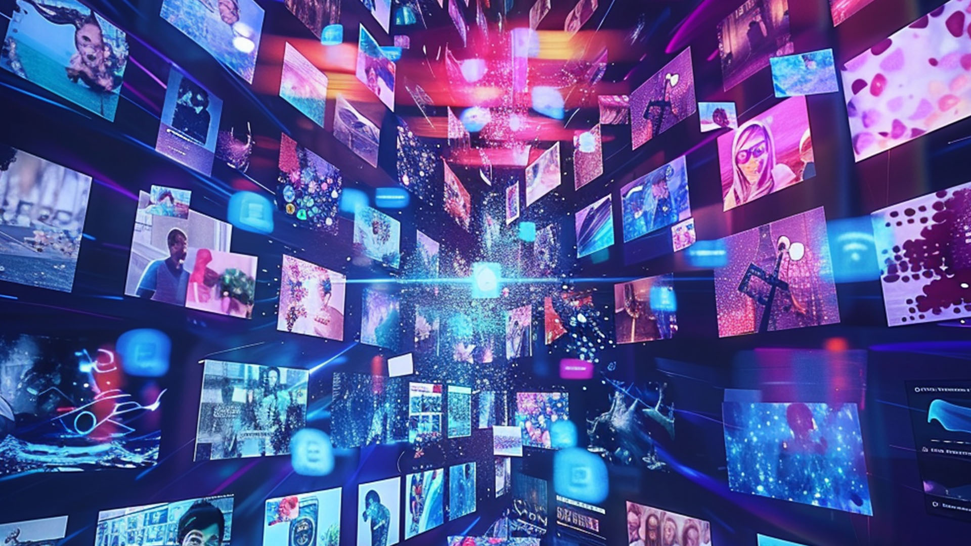 A digital collage of numerous screens displaying various images and videos in a vibrant, colorful virtual space, representing a vast array of multimedia content.