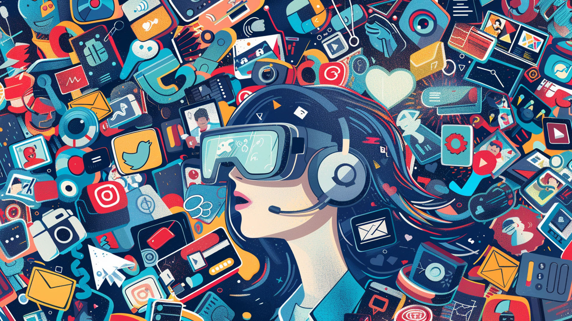 Illustration of a person wearing VR goggles and a headset surrounded by numerous social media, communication, and technology icons.