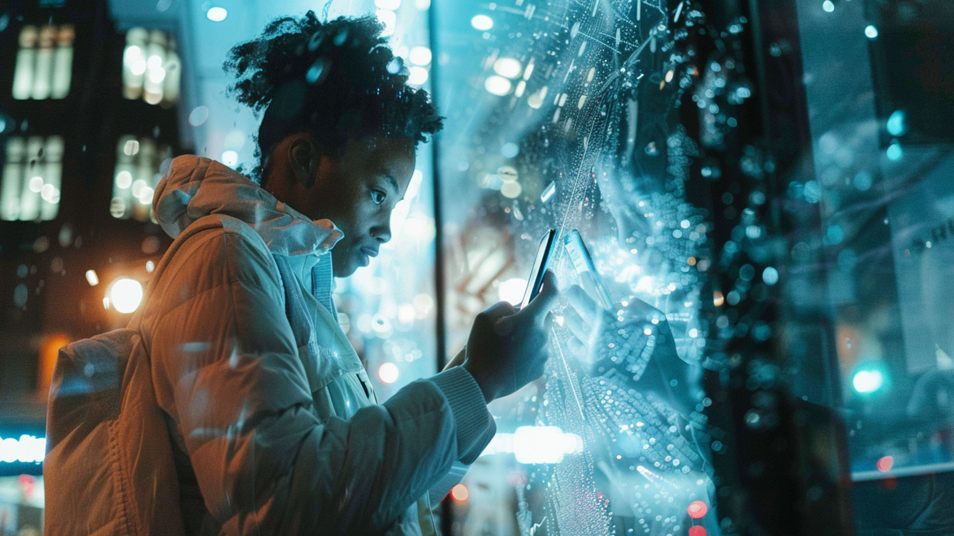 Person wearing a puffy jacket stands by a rain-streaked window at night, intently looking at a smartphone with city lights in the background.