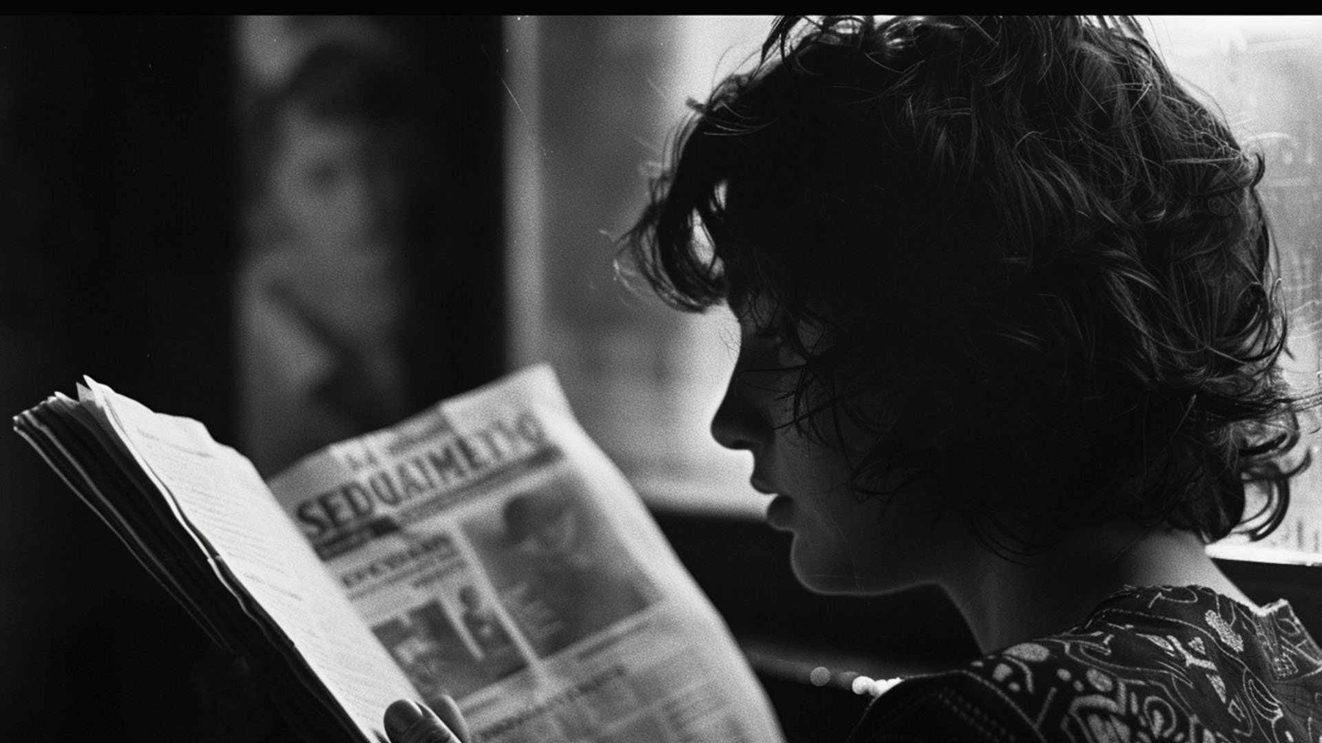 A person with curly hair reads a newspaper in black and white lighting.