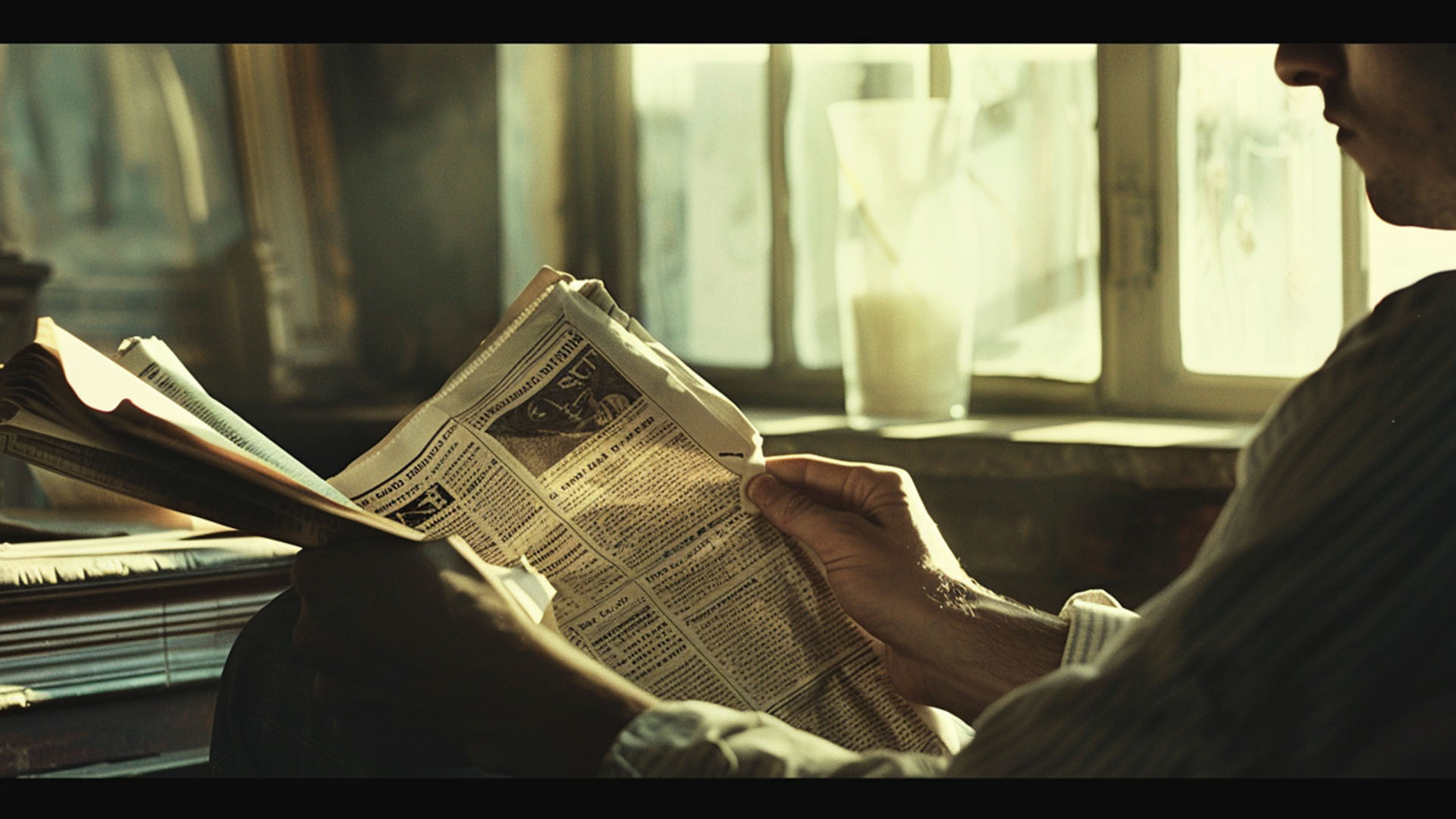 Person sitting by a window, reading a newspaper. Sunlight streams through the window, illuminating the room. A glass of milk is on the windowsill in the background.