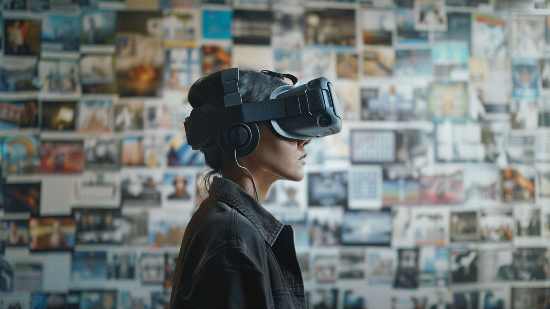 A person wearing a virtual reality headset is standing indoors against a wall covered with numerous photographs and images.