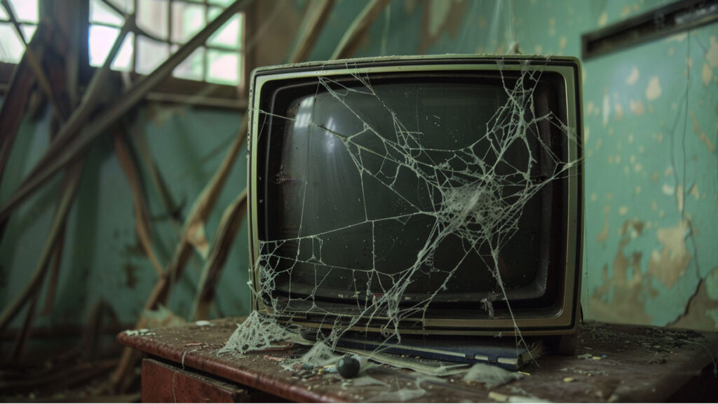 An old, dusty television with cobwebs on the screen sits in a derelict room with peeling paint and broken furniture.