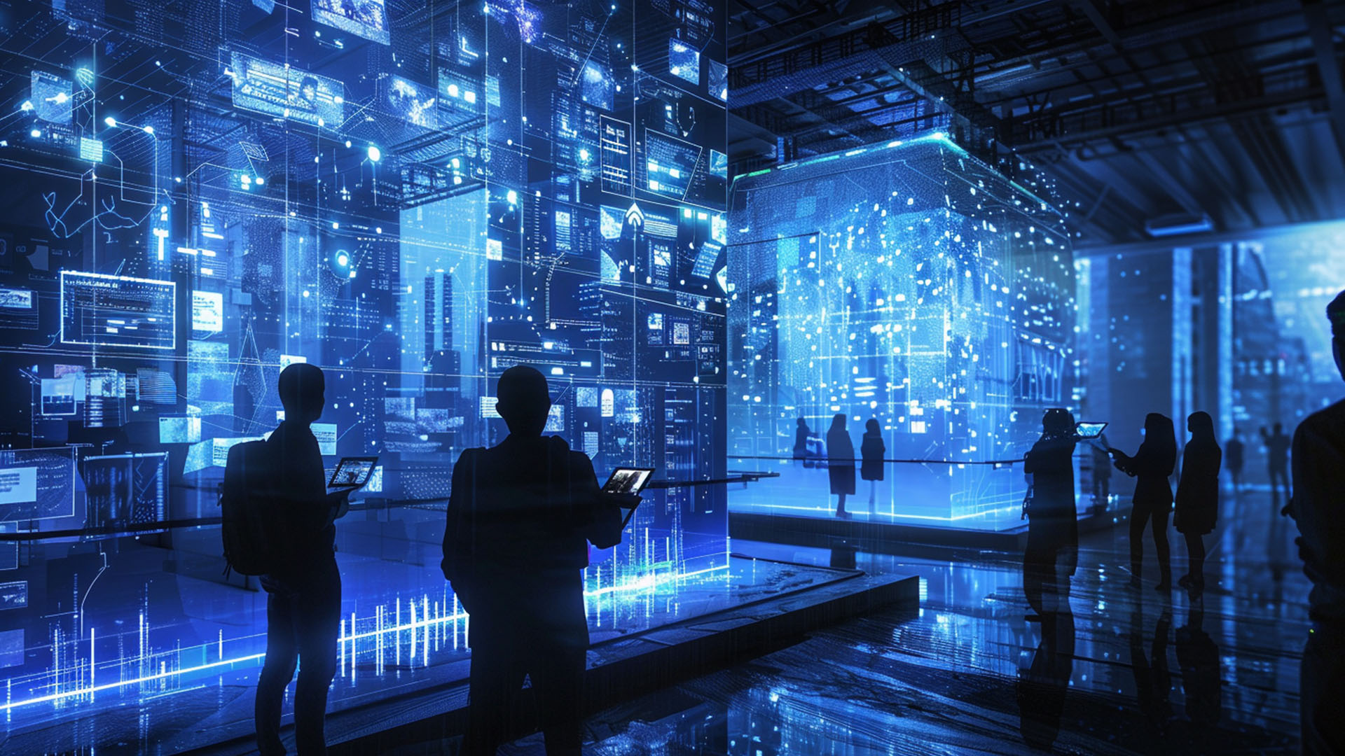 People interact with futuristic digital interfaces in a high-tech environment illuminated by blue light projections.