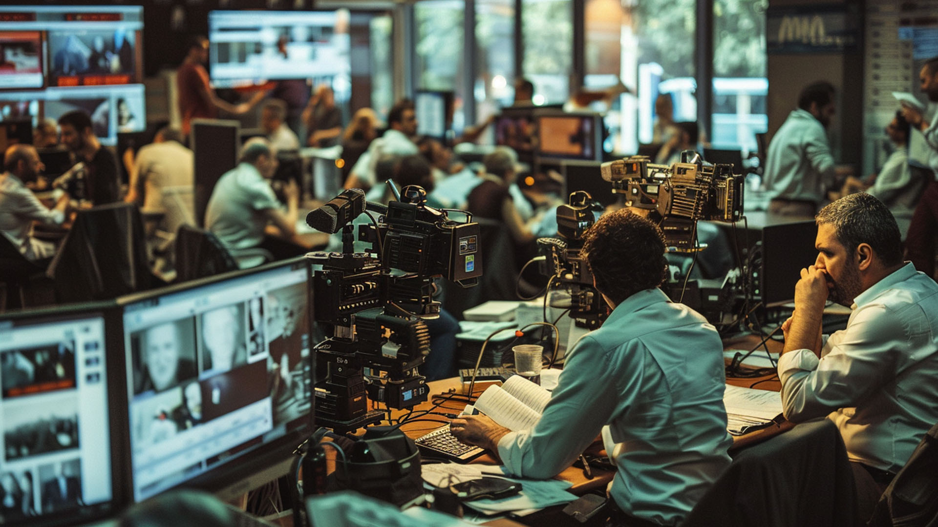 Journalists and analysts work at desks with multiple screens and cameras in a bustling newsroom.