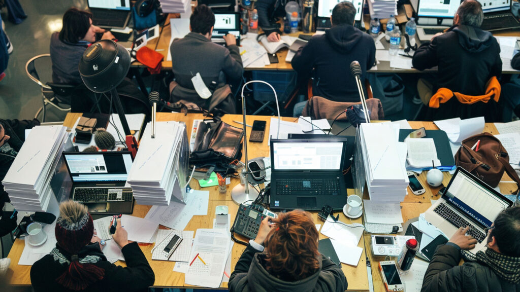 People sitting at a crowded table filled with laptops, documents, and office supplies, working diligently.