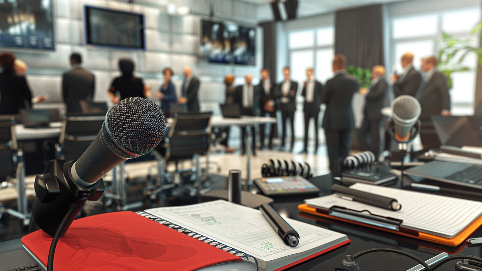 Close-up of a microphone and notebook on a conference table with a group of people conversing in the background within a modern meeting room.