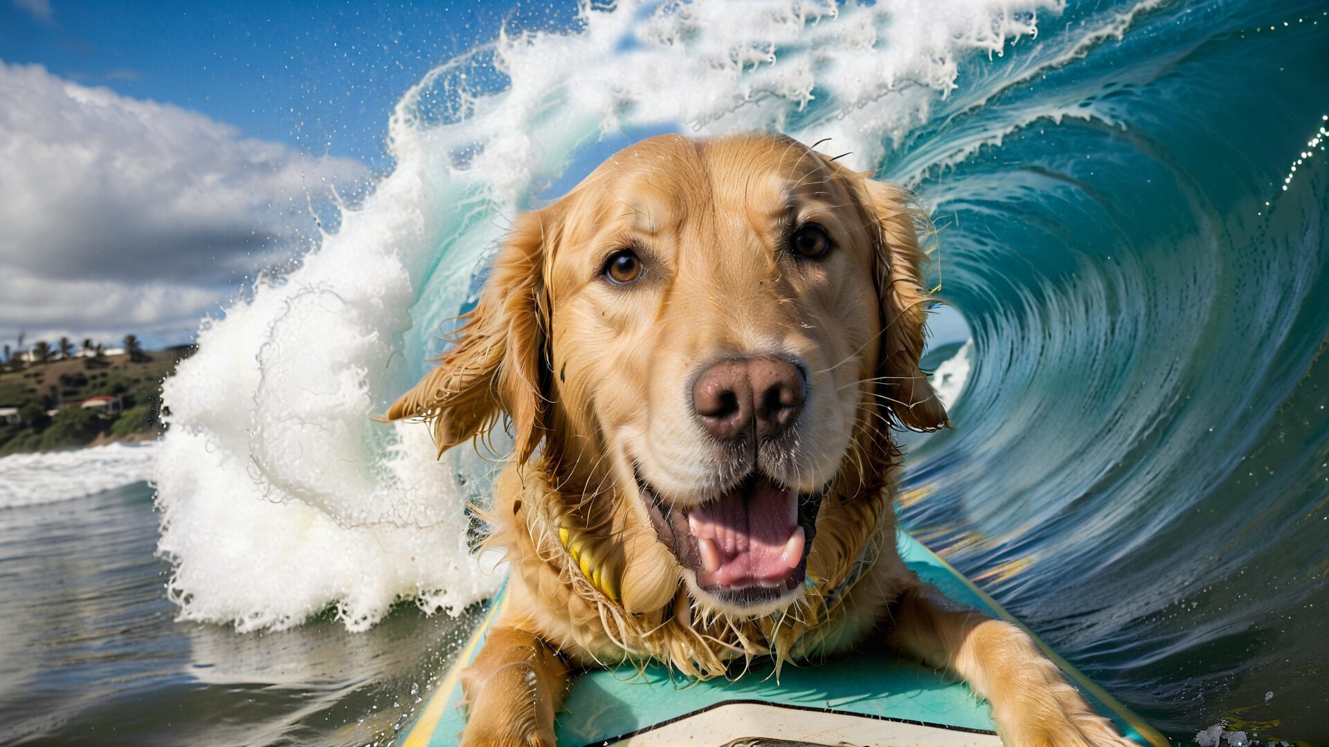 A golden retriever rides a surfboard on a wave in the ocean, with water splashing around and a clear blue sky in the background.