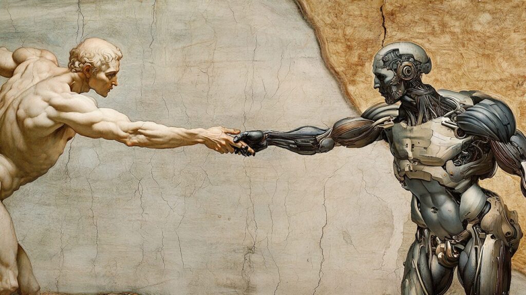 A human and a robot are extending their hands toward each other, reminiscent of Michelangelo's "The Creation of Adam.