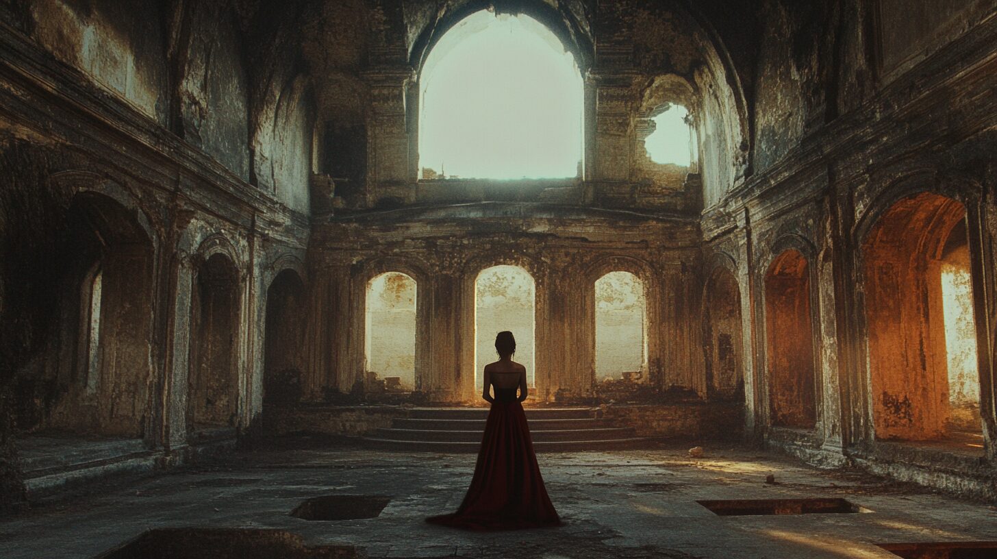 A lone figure in a long, dark dress stands in the center of a grand, dilapidated building with large arched windows and a worn, ancient appearance. Sunlight streams in through the windows.