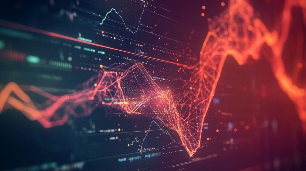 A digital illustration of fluctuating data visualizations with interconnected red lines, resembling various economic or stock market charts on a dark background.