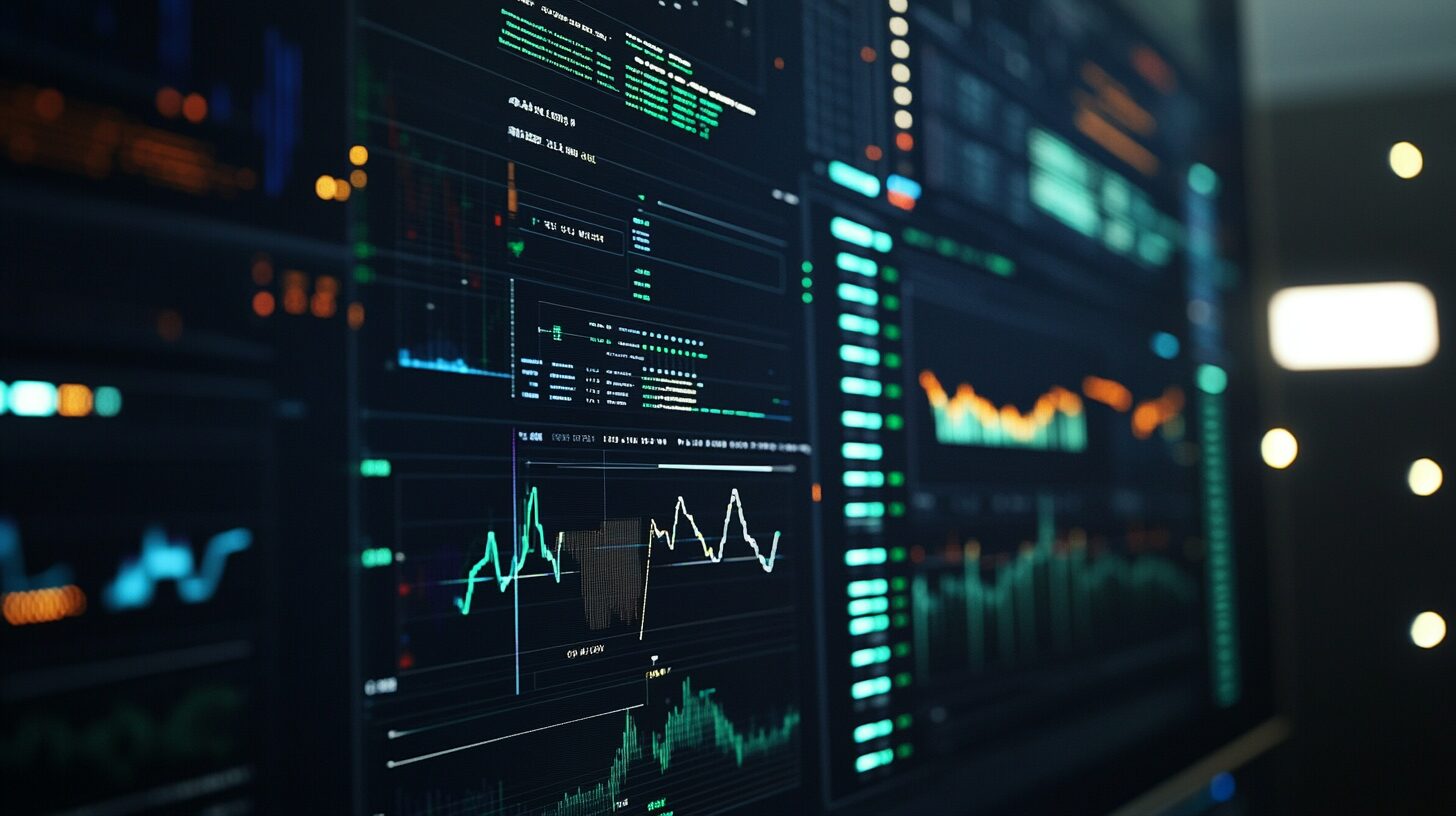 A close-up of multiple computer screens displaying various financial charts, graphs, and data points in a dimly lit setting.