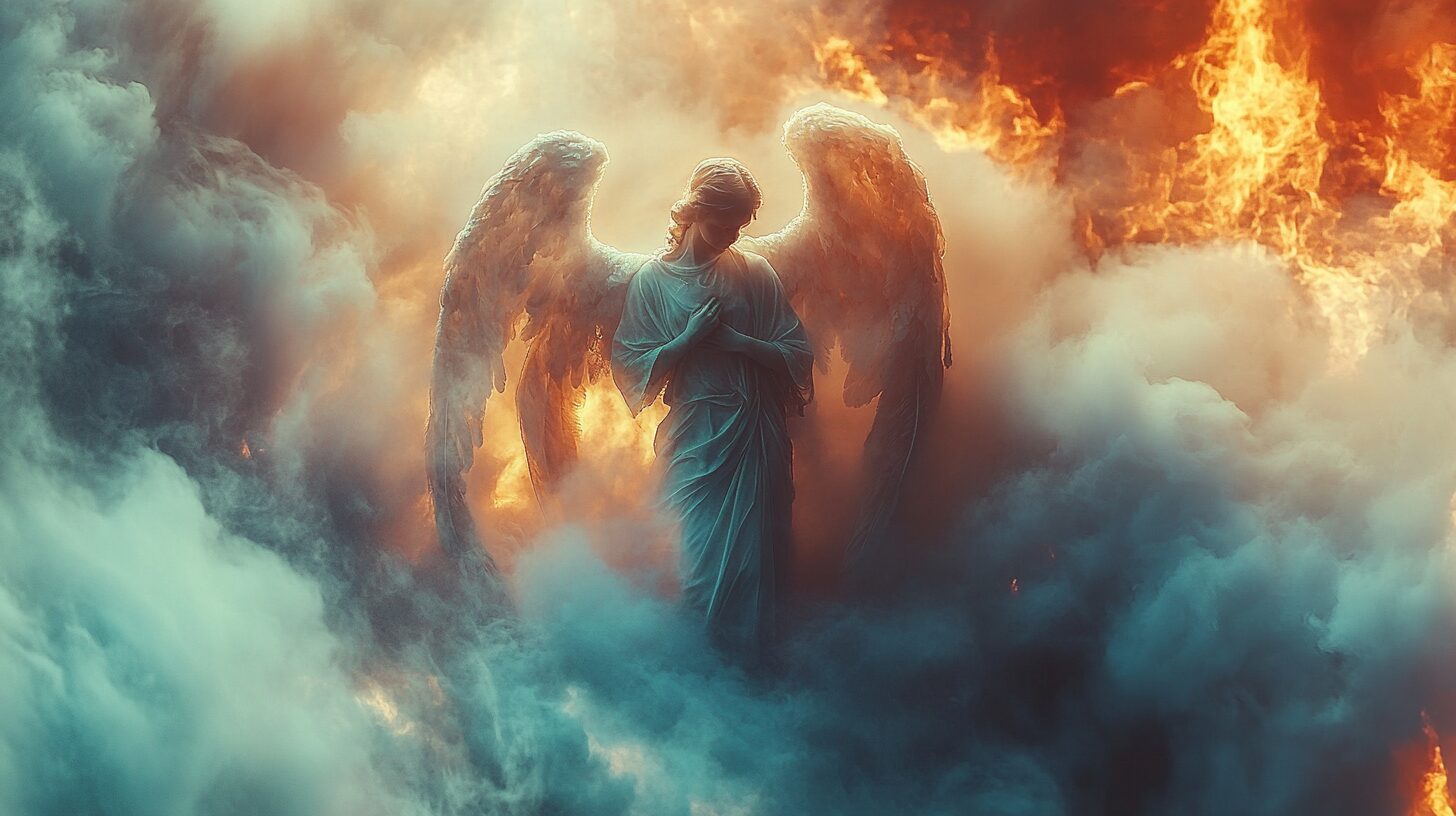 A winged angel stands amidst swirling clouds and flames, blending elements of serenity and chaos.