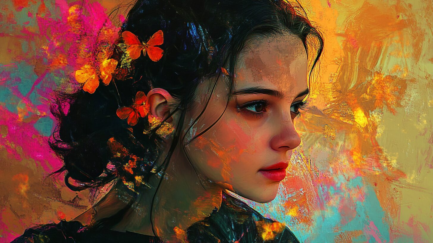 A digital painting of a woman's side profile against a vivid abstract background with orange butterflies in her dark hair.