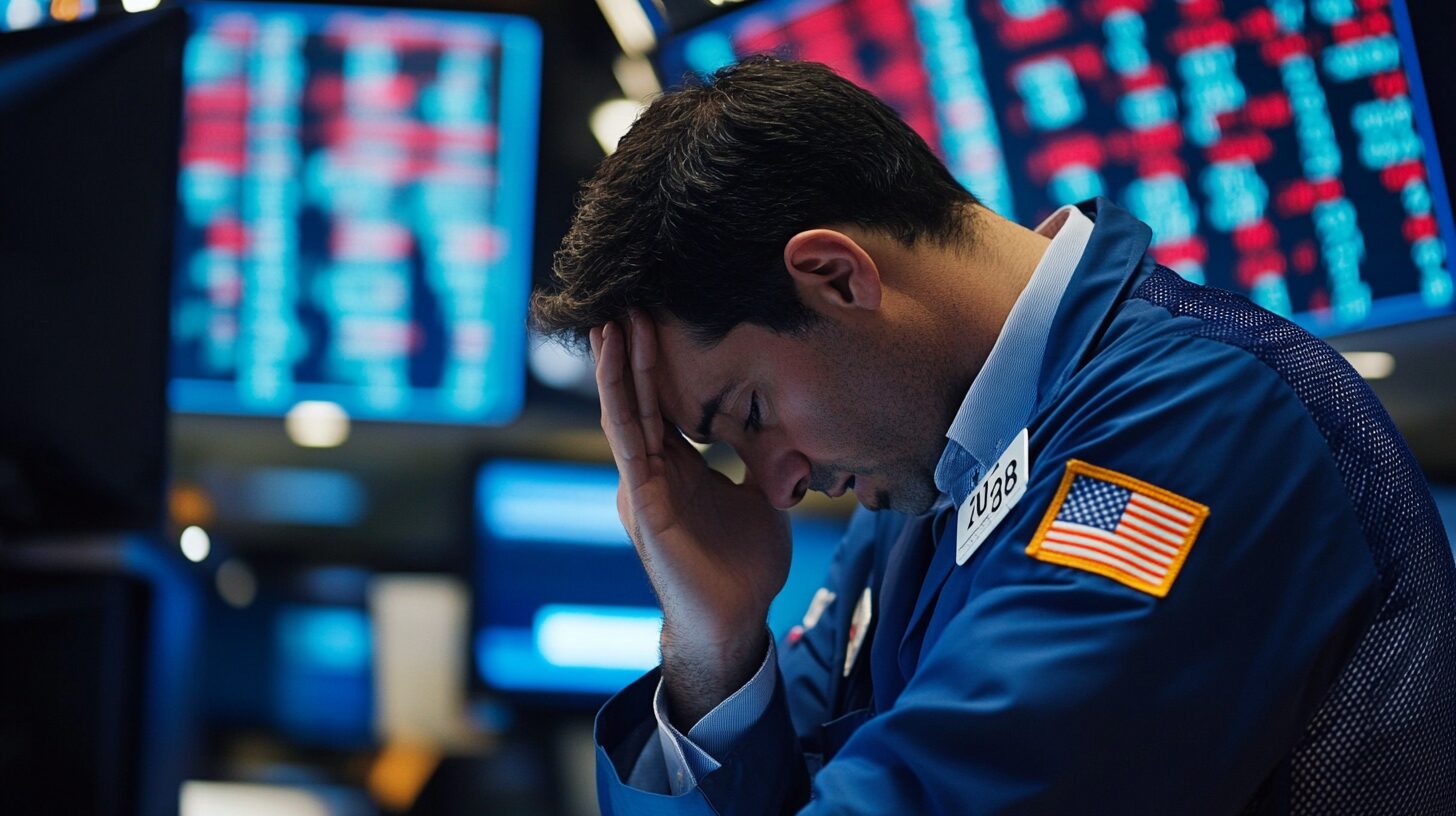 A man in a blue jacket, adorned with an American flag patch, holds his head in frustration against a backdrop of digital stock market displays.