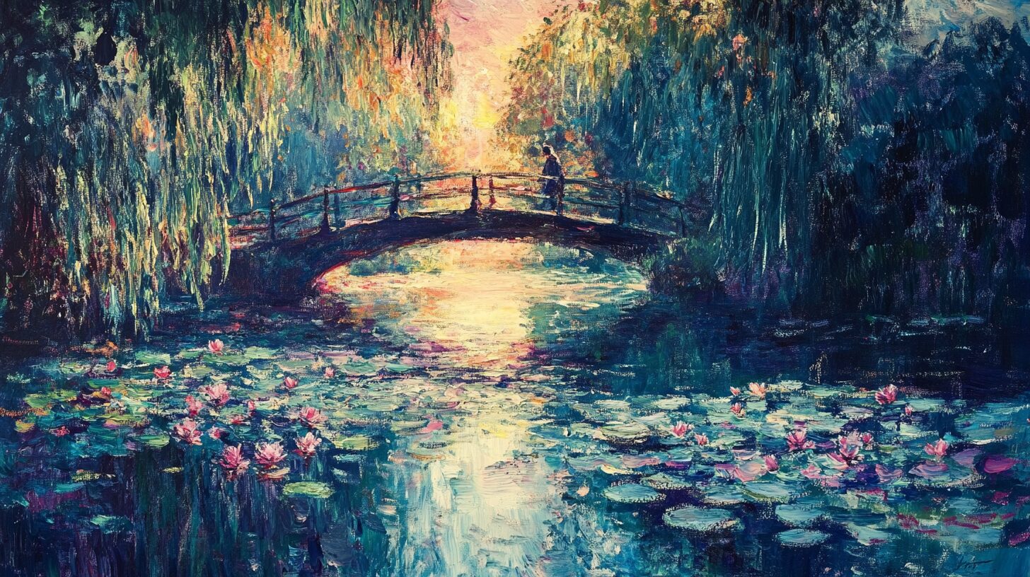 An impressionist painting depicts a person standing on a curved bridge over a lily pond, surrounded by dense foliage and weeping willow trees. The sky shows a mix of warm and cool colors.