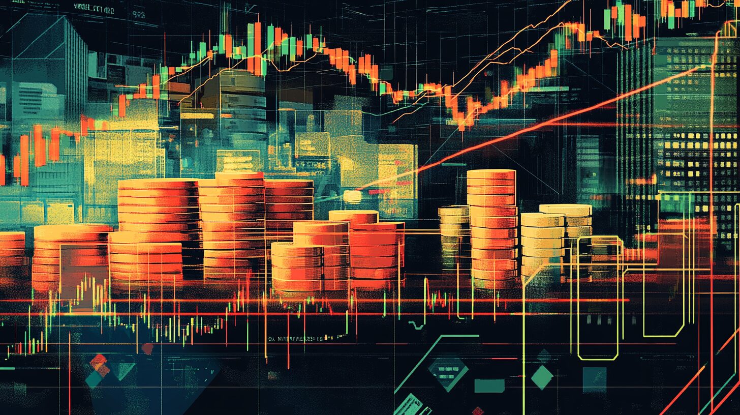 A digital illustration shows stacks of coins with financial graphs and charts in the background, depicting concepts of financial growth and market analysis.