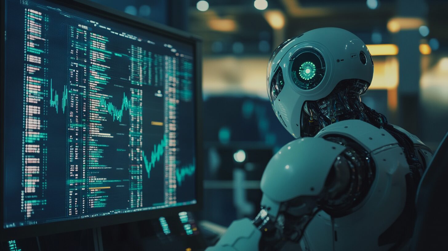 A robot sitting at a desk analyzing complex data and charts displayed on a computer monitor in a modern, dimly lit office setting.