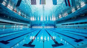 An empty indoor swimming pool with clear blue water, lane markings, and country flags hanging from the ceiling. The pool is surrounded by grandstands and lit by overhead lights, evoking the excitement of summer Olympic sports.