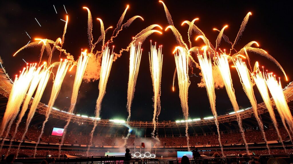 A stadium filled with spectators is illuminated by numerous bright fireworks shooting into the night sky, reminiscent of celebrations after thrilling events in the Summer Olympics.