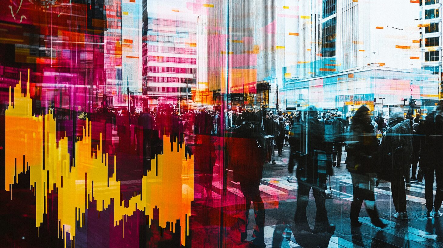 A busy urban scene with blurred people walking and colorful abstract digital graphics superimposed over the cityscape.