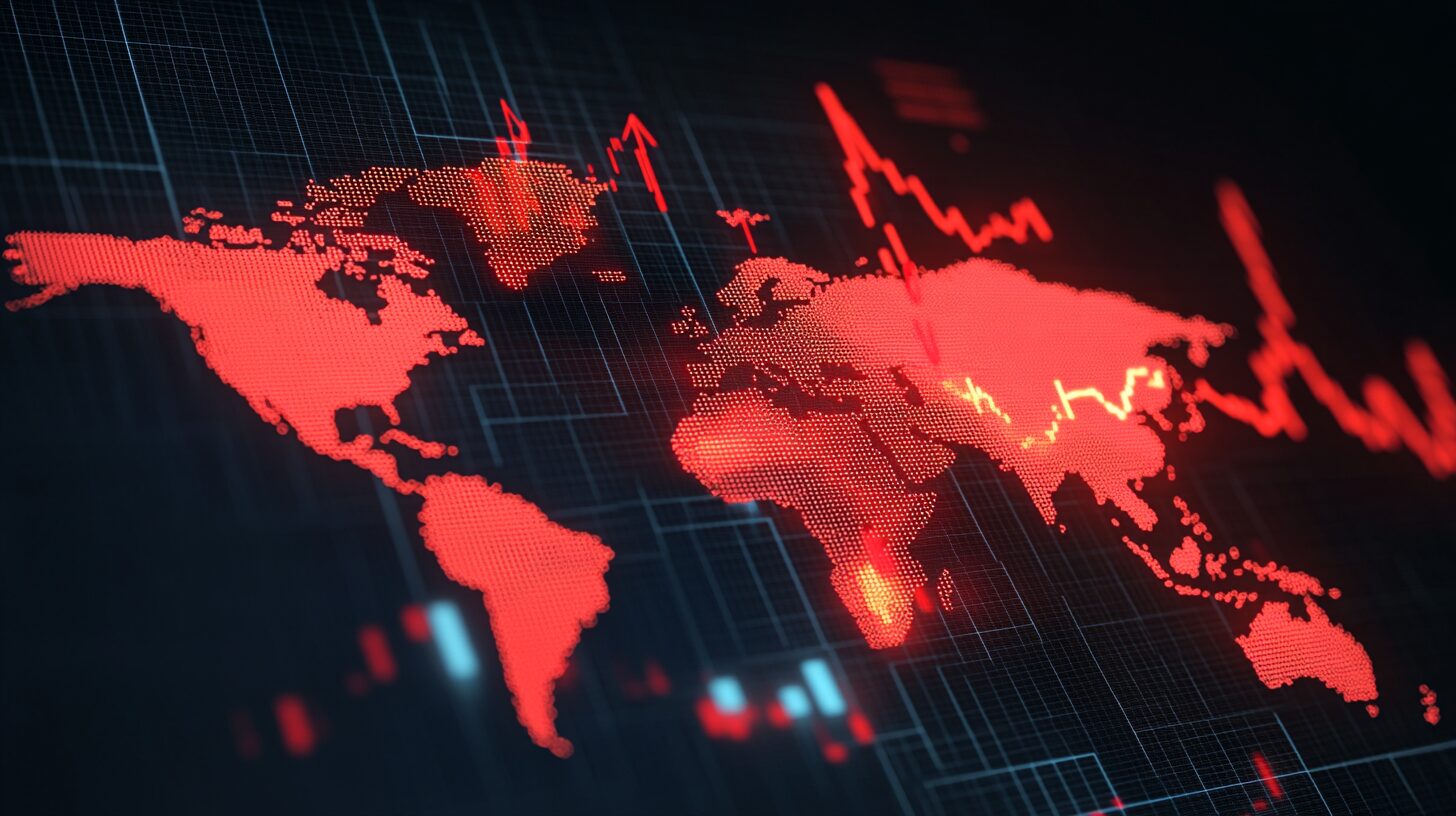 A digital display shows a world map with red regions and fluctuating financial graphs, indicating economic data or global market trends.