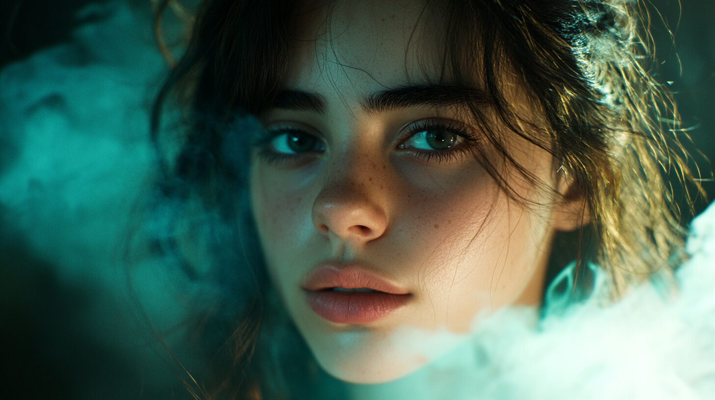 Close-up image of a person with freckles and intense gaze, surrounded by greenish mist.